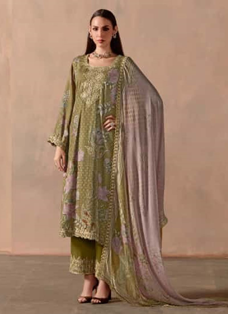 Olive Green Muslin Digital Printed With Gota Work And Embroidered Straight Pant Suit  Festive Wear