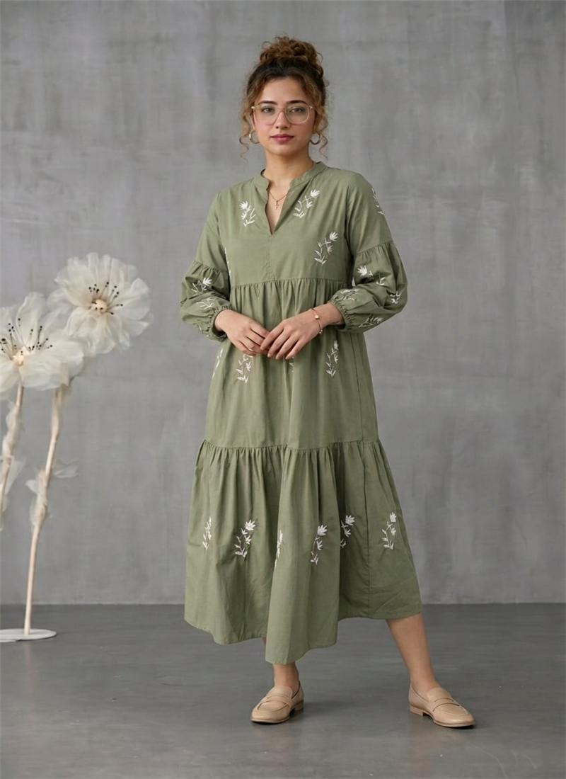 Olive Green Muslin Tiered Midi Dress With Embroide After Six Wear