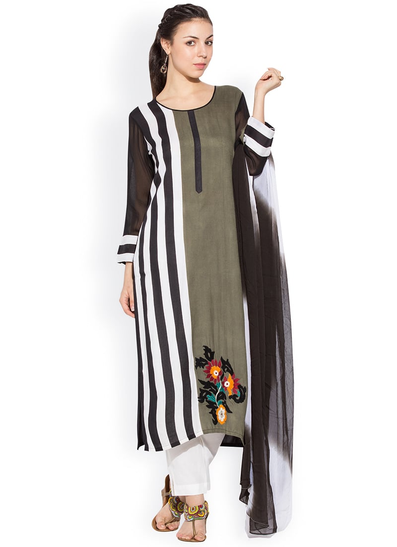 Olive Green N White Straight Pant Suit Party Wear