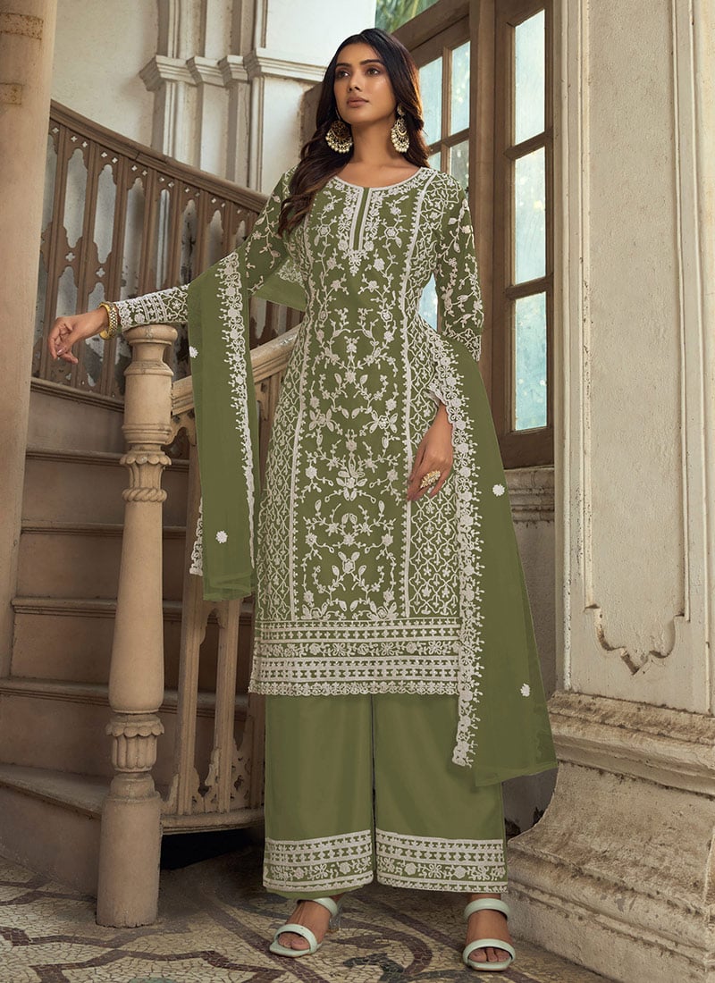 Olive Green Net Embroidered Palazzo Suit Party Wear