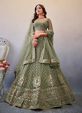 Olive Green Net Embroidered Umbrella Lehenga