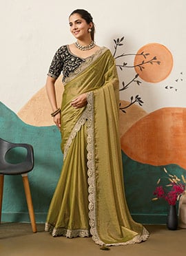 Olive Green Organza Embroidered Sequin Saree
