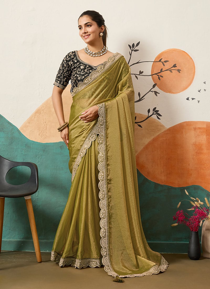 Olive Green Organza Embroidered Sequin Saree Festive Wear