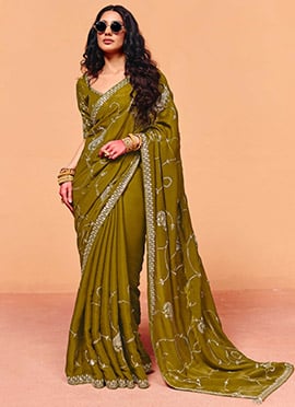 Olive Green Organza Embroidered Sequins Saree