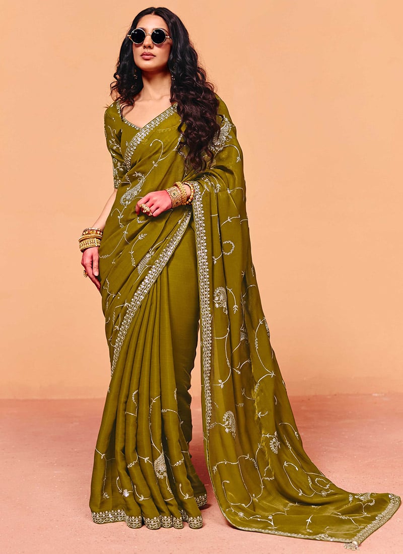 Olive Green Organza Embroidered Sequins Saree Festive Wear