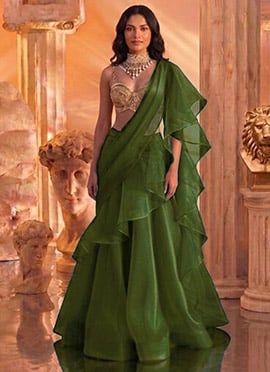 Olive Green Organza Hand Embroidered Sequins With Zardosi Work Lehenga