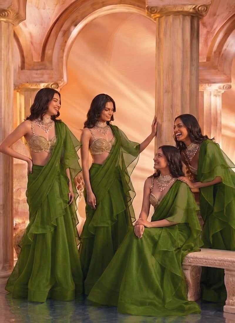 Olive Green Organza Hand Embroidered Sequins With Zardosi Work Lehenga Wedding Wear