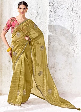 Olive Green Organza Silk Embroidered Saree with Digital Print Blouse