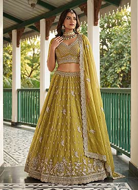 Olive Green Organza Tissue Zari Embroidered Sequins Stones Beads Work Lehenga