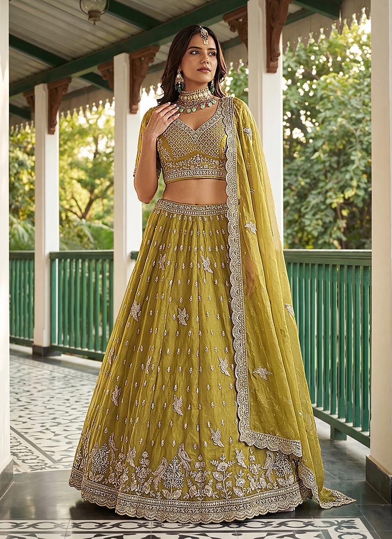 Olive Green Organza Tissue Zari Embroidered Sequins Stones Beads Work Lehenga Wedding Wear