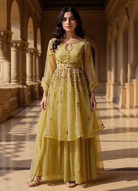 Olive Green Organza Zardosi hand embroidered Sequins Palazzo Suit