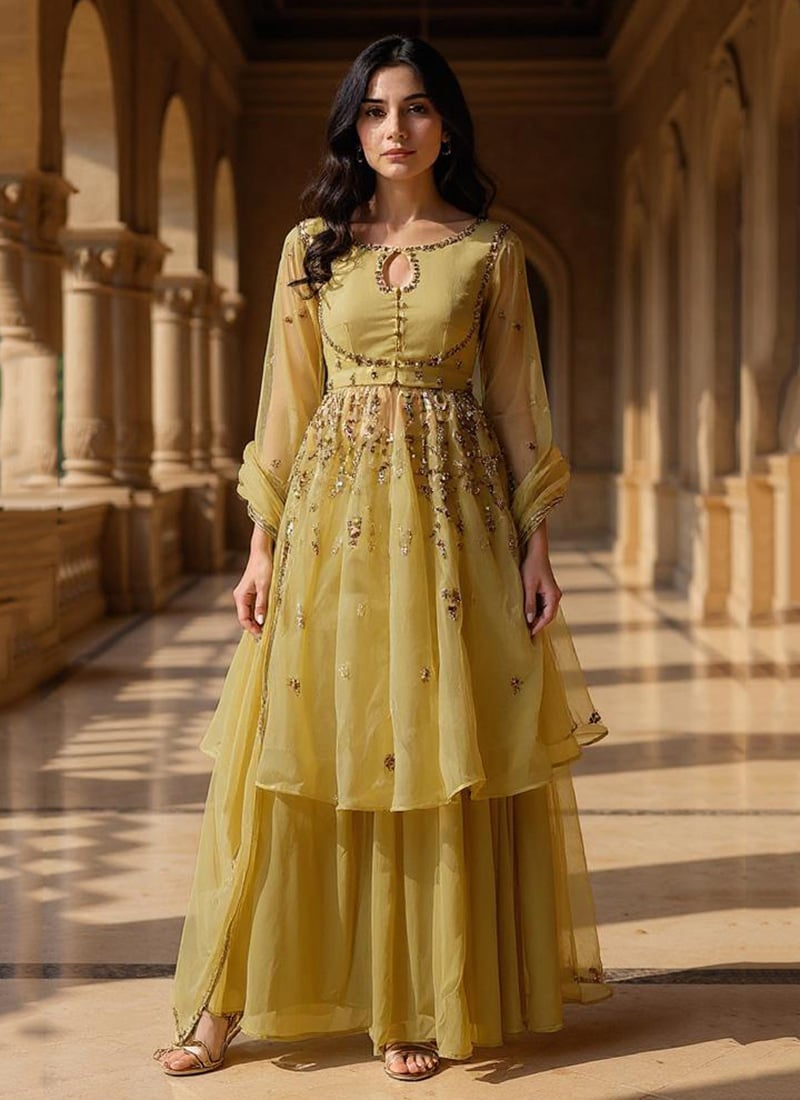 Olive Green Organza Zardosi hand embroidered Sequins Palazzo Suit