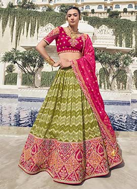 Olive Green Organza Zari Embroidered Sequins Beads Lehenga