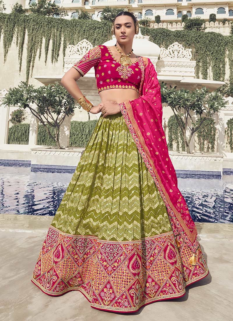 Olive Green Organza Zari Embroidered Sequins Beads Lehenga Wedding Wear
