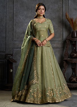 Olive Green Organza Zari Sequin Embroidered Long Choli Lehenga