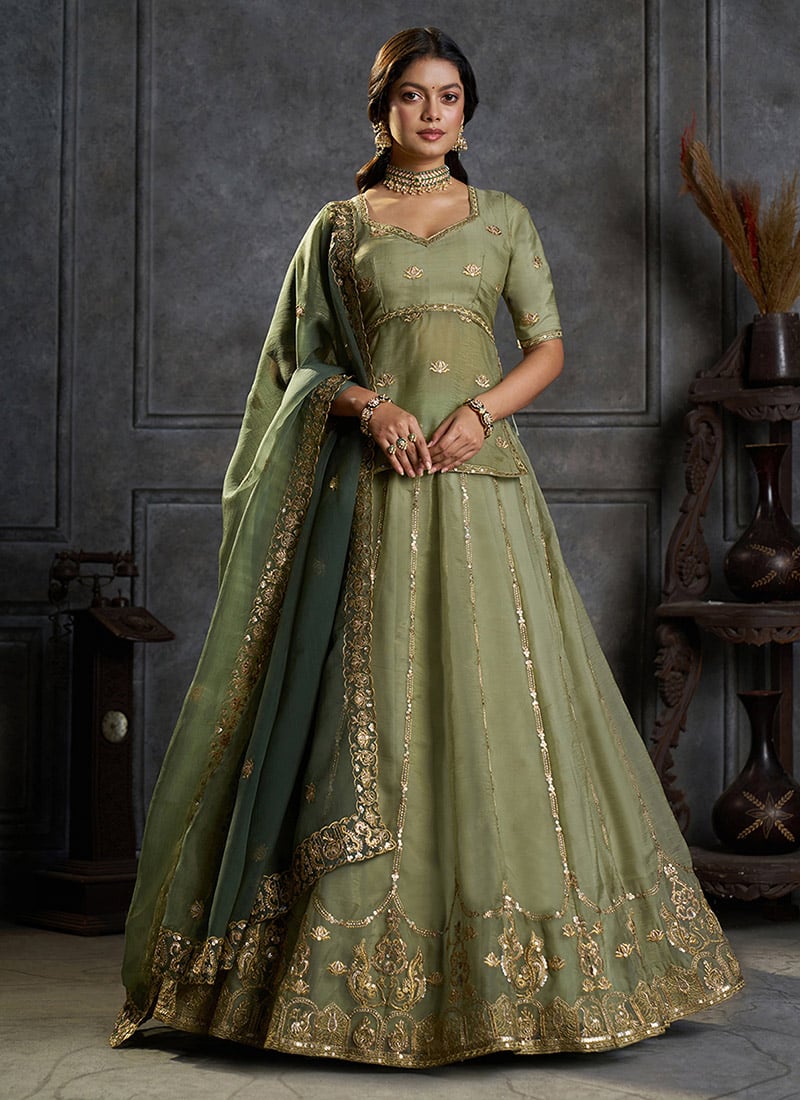 Olive Green Organza Zari Sequin Embroidered Long Choli Lehenga Wedding Wear