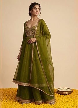 Olive Green Organza Zari Sequins Embroidered Anarkali Suit