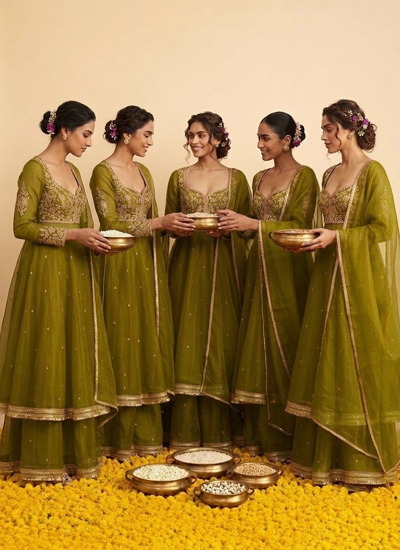 Olive Green Organza Zari Sequins Embroidered Anarkali Suit Festive Wear
