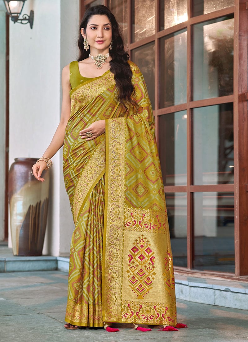 Olive Green Patola Banarasi Satin Silk Jacquard Woven Zari Border Saree Festive Wear