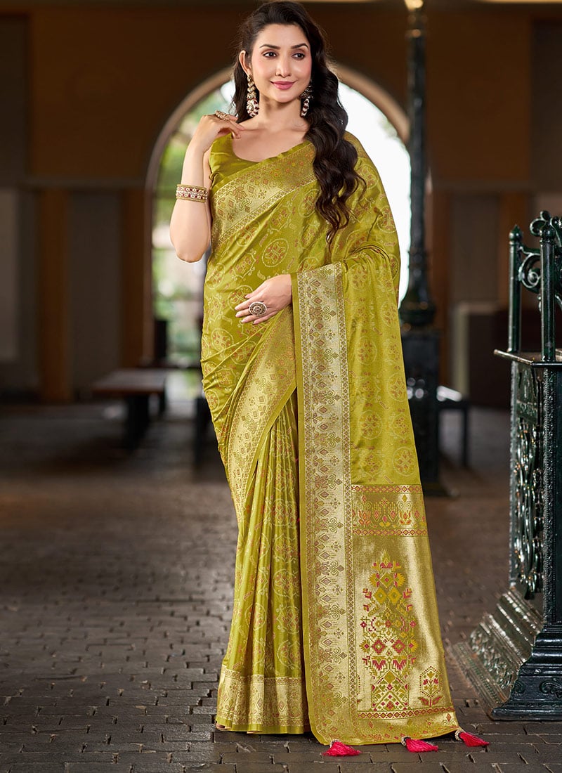 Olive Green Patola Banarasi Satin Silk Jacquard Woven Zari Border Saree Festive Wear