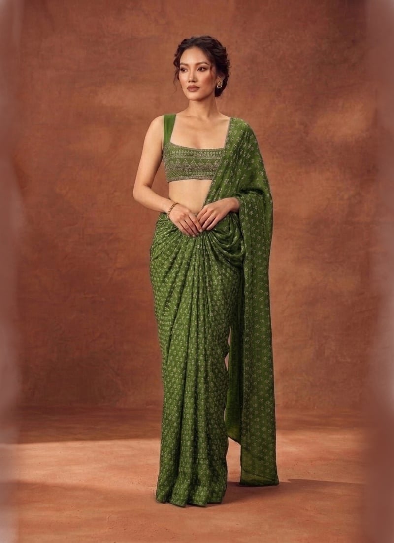Olive Green Pre Draped Saree Digital Print Sequins Cutdana Hand Embroidered Chinon Silk Wedding Wear