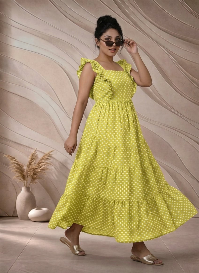 Olive Green Printed Cotton Maxi Dress After Six Wear