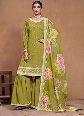 Olive Green Roman Silk Embroidered Sequins Digital Print Stunning Sharara Suit