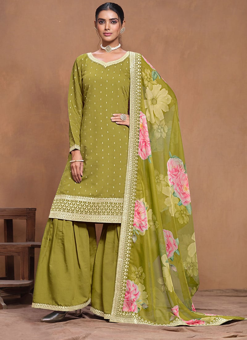 Olive Green Roman Silk Embroidered Sequins Digital Print Stunning Sharara Suit Festive Wear