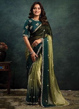 Olive Green Satin Silk Sequins Stones Hand Embroidered Saree