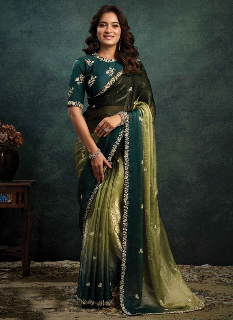 Olive Green Satin Silk Sequins Stones Hand Embroidered Saree Wedding Wear