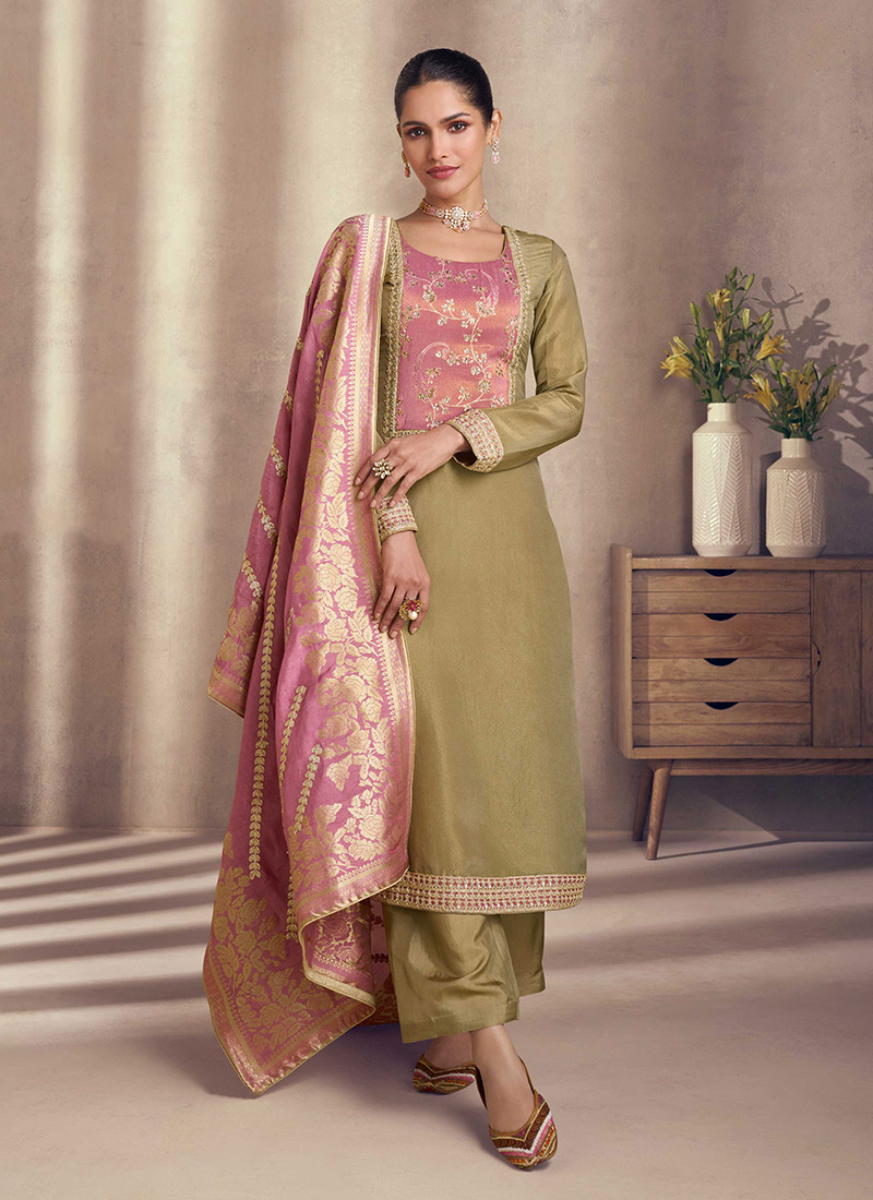 Olive Green Shimmer Silk Embroidered Sequins Straight Pant Suit With Jacquard Dupatta Festive Wear