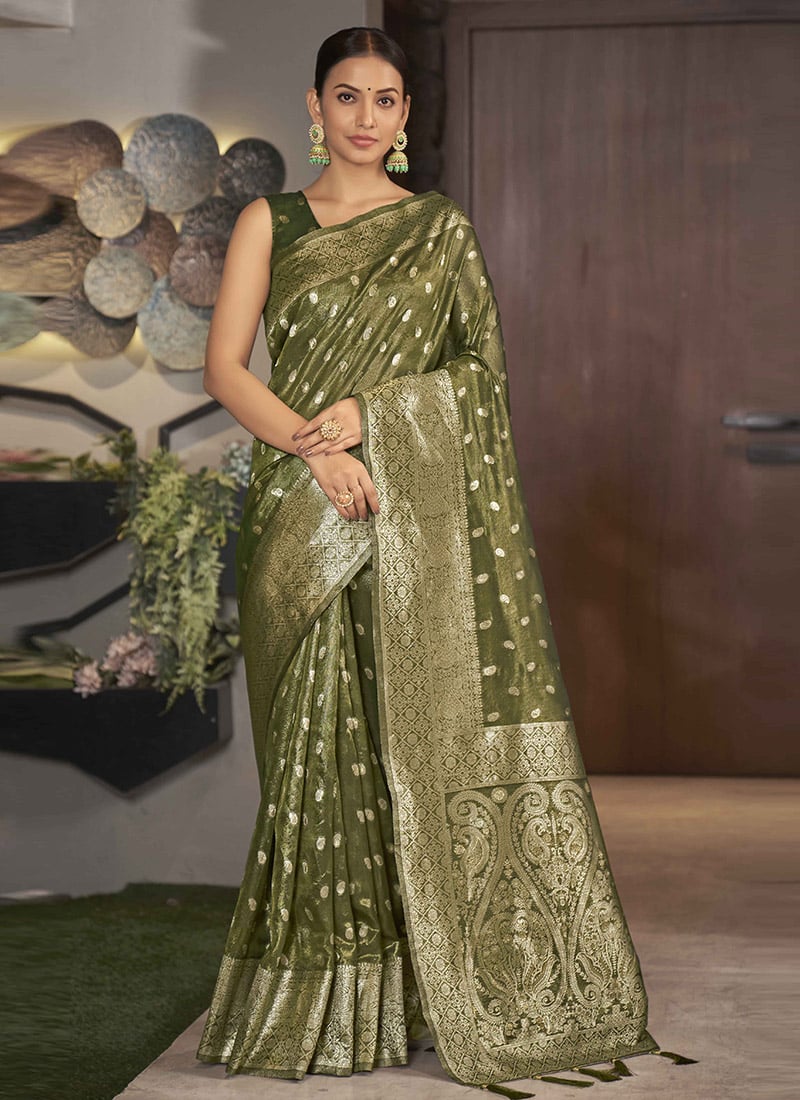 Olive Green Shimmer Silk Zari Saree Festive Wear