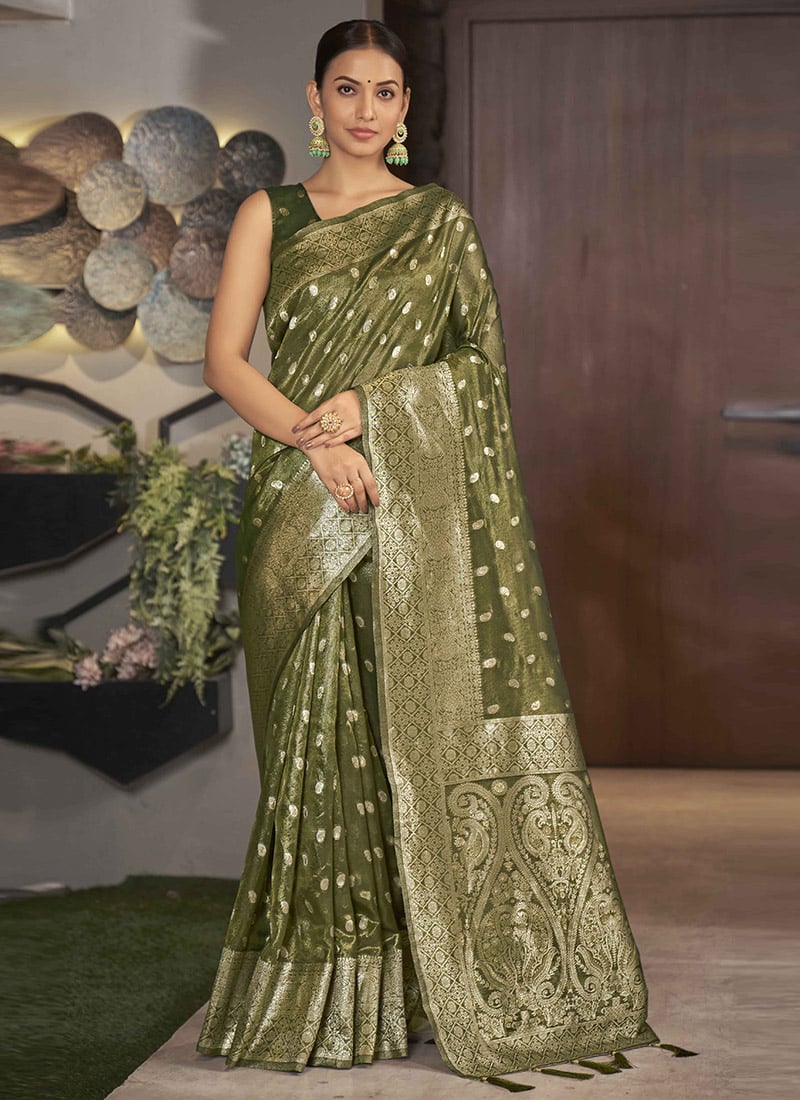 Olive Green Shimmer Silk Zari Woven Saree Festive Wear