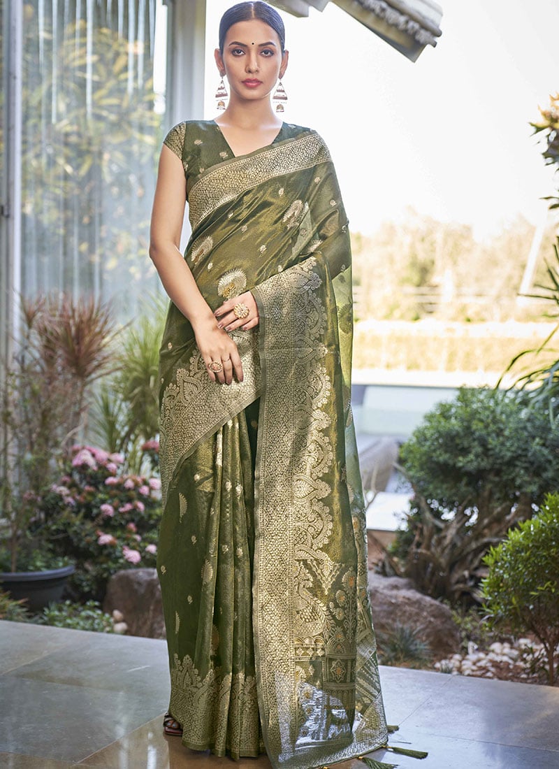 Olive Green Shimmer Silk Zari Woven Saree
