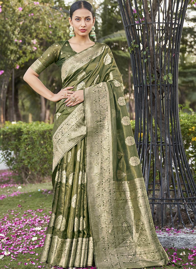 Olive Green Shimmer Silk Zari Woven Saree Festive Wear