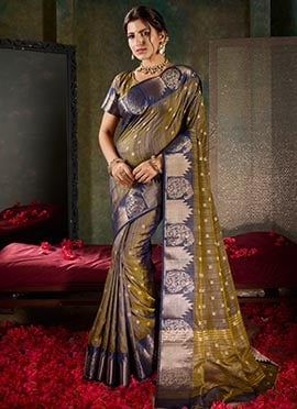 Olive Green Shimmer Tussar Silk Jacquard Zari Saree