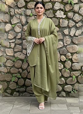 Olive Green Silk Beads Stones Hand Embroidered Farshi Style Salwar Suit