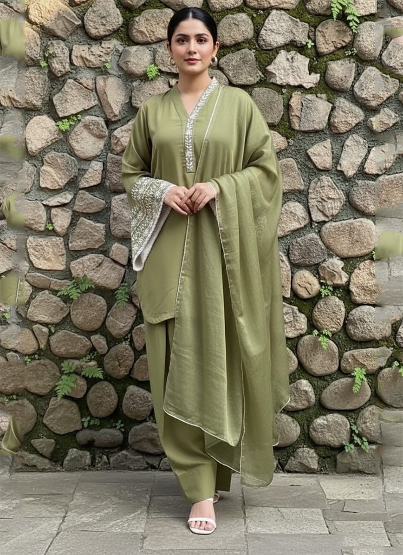 Olive Green Silk Beads Stones Hand Embroidered Farshi Style Salwar Suit Festive Wear