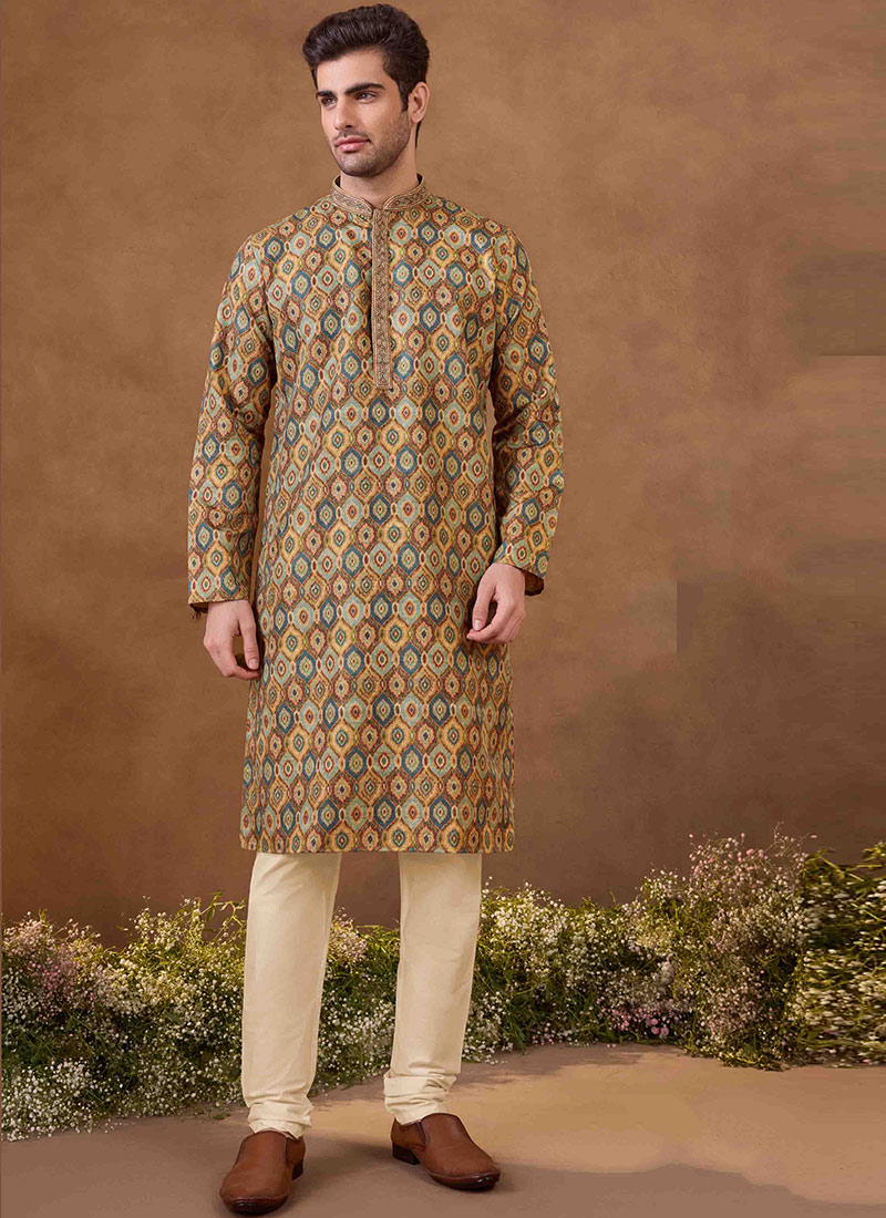 Olive Green Silk Digital Print Kurta Pyjama For Men Festive Wear