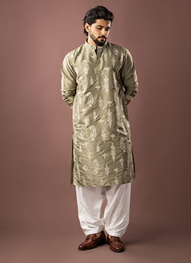 Olive Green Silk Embroidered Kurta Pyjama For Men