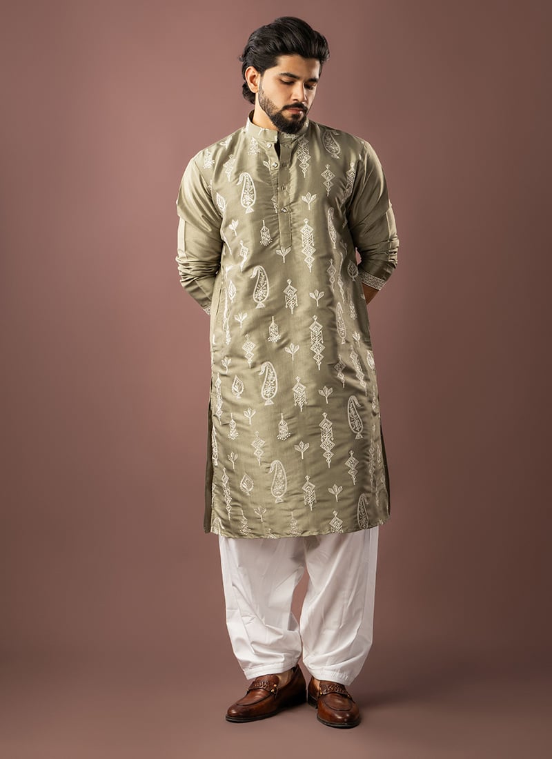 Olive Green Silk Embroidered Kurta Pyjama For Men Festive Wear