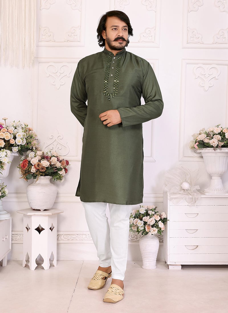 Olive Green Silk Embroidered Kurta Pyjama Festive Wear