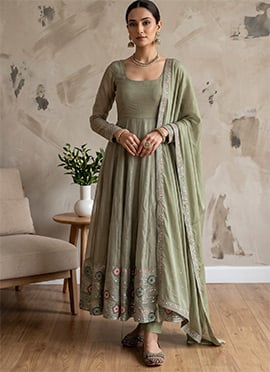 Olive Green Silk Embroidered Sequins Anarkali Suit