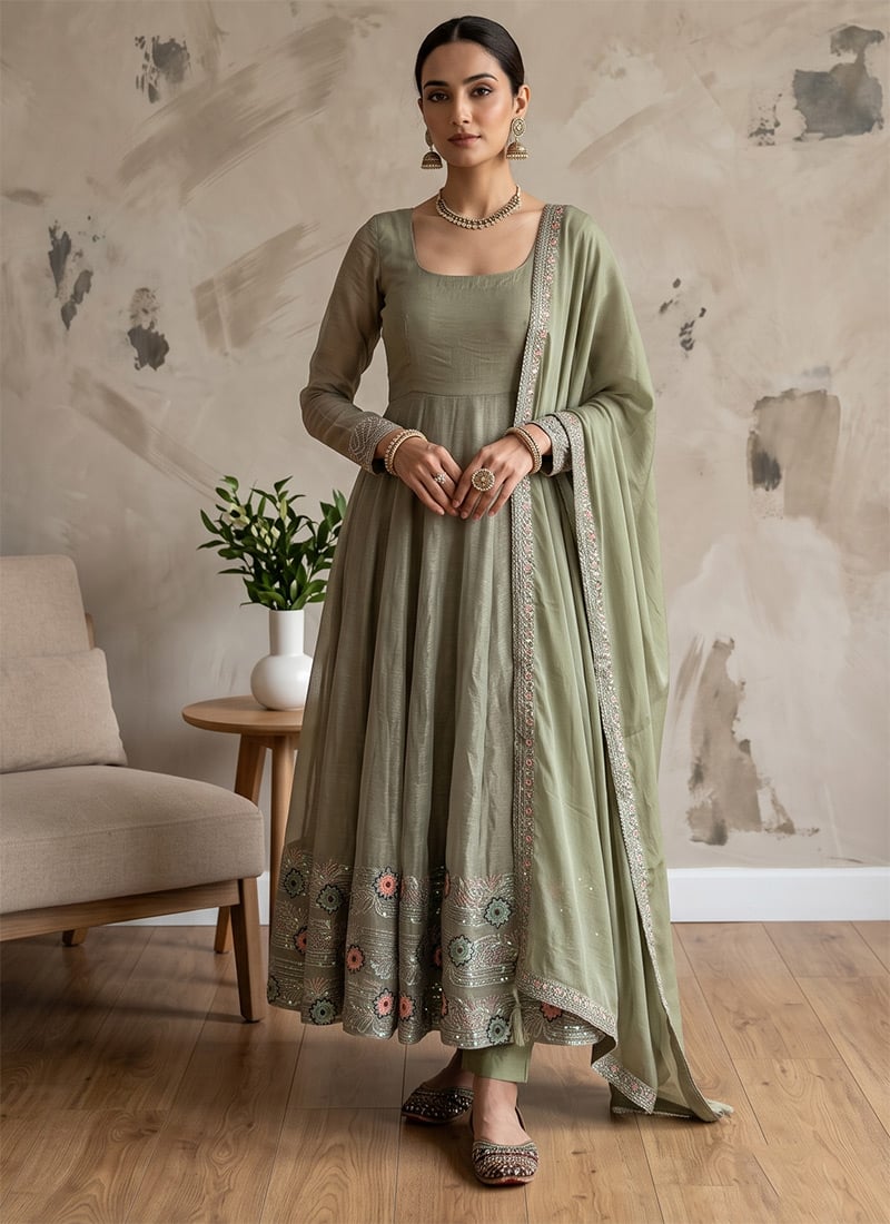 Olive Green Silk Embroidered Sequins Anarkali Suit After Six Wear
