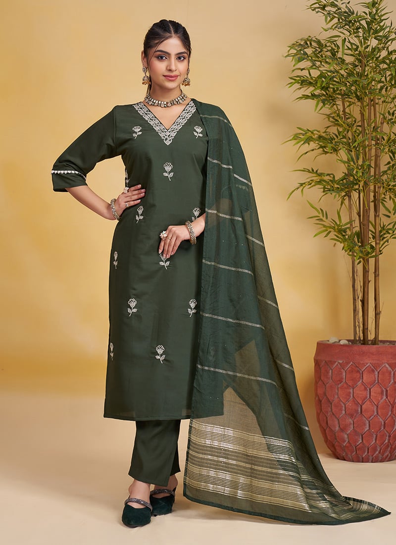 Olive Green Silk Embroidered Sequins Beads Work Straight Pant Suit After Six Wear