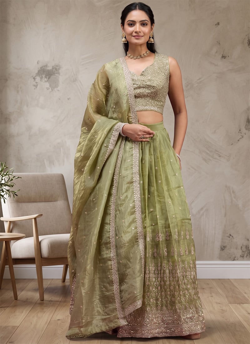 Olive Green Silk Embroidered Sequins Lehenga After Six Wear