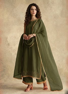 Olive Green Silk Embroidered Sequins Palazzo Suit
