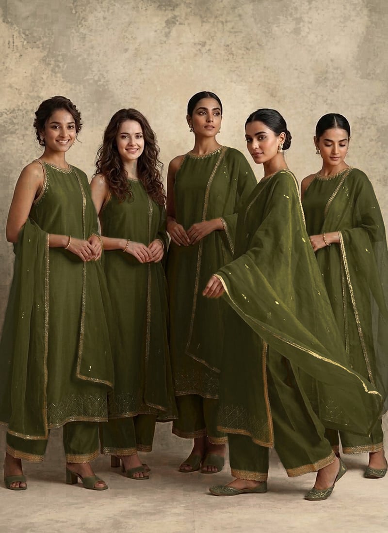 Olive Green Silk Embroidered Sequins Palazzo Suit Festive Wear