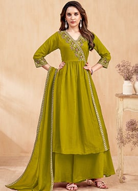 Olive Green Silk Embroidered Sequins Palazzo Suit