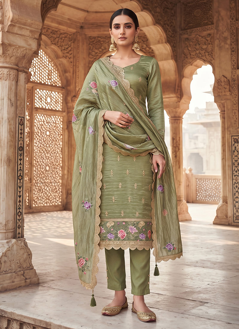 Olive Green Silk Embroidered Straight Pant Suit After Six Wear